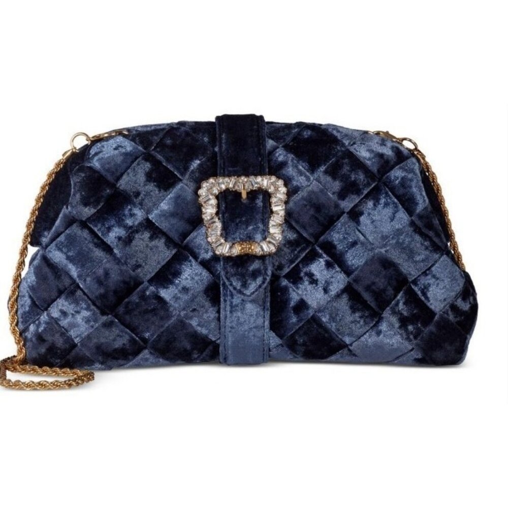 SAM EDELMAN Brit Frame velvet crystal buckle clutch evening bag -Jewel blue navy